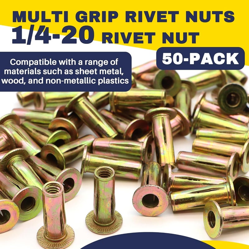 Terixe 50 Pack 1/4-20 Multi-Grip Rivet Nuts - Zinc-Plated Steel Construction Fasteners - Pre-Bulbed Shank - Flat Head Threaded Insert Plus Nut - Ideal for Household Items, Automobiles - Image 2